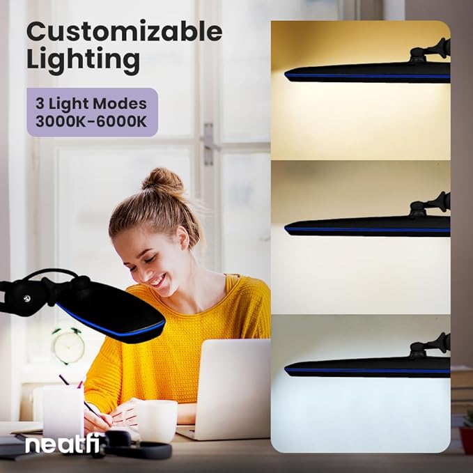 Neatfi XL 2,200 Lumens LED Task Lamp, 20W, 182 SMD LEDs, 23-Inch Ultra-Wide, 4 Brightness Levels, 3 Light Modes, Dimmable, Eye-Caring, Glare-Free (CCT with Clamp, Black)