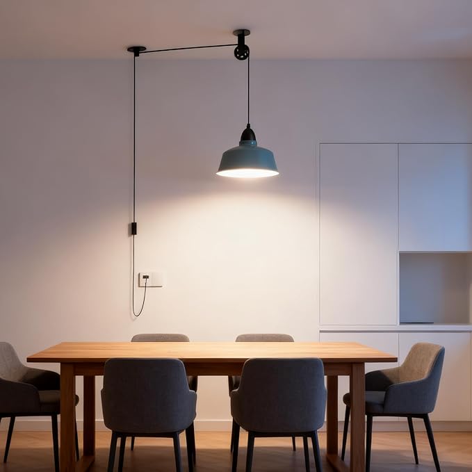 Plug in Pendant Light, Blue Farmhouse Hanging Lights with Plug in Cord, Pulley Hanging Lamp, Industrial Pendant Lights Fixture for Kitchen Island, Bedroom, Dining Room, Living Room, Office