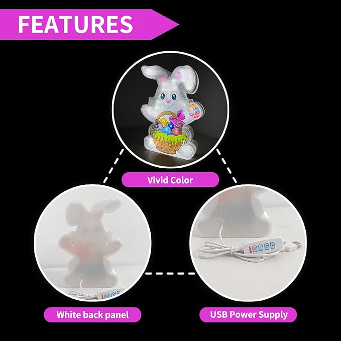 Allenjoy Spring Easter Bunny Rabbit Basket Eggs Night Light Up Box for Kids Gifts USB Powered Lamp Lightbox Bedroom Room Wall Art Table Desk Decorations Decor Sign