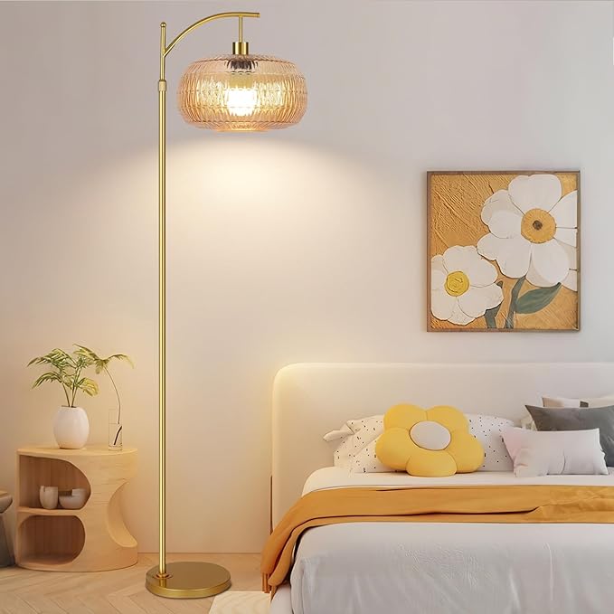 Glass Floor Lamp for Living Room,Bedroom,Gold Dimmable Standing Lamp with Remote,Mid Century Modern Brass Tall Lamp Retro Vintage Lamp Floor Light Boho Bohemian