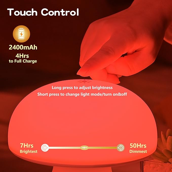 Red Night Light, Mushroom Lamp for Sleep & Relaxation, Dimmable 630nm Red Light with Timer, Touch Control for Bedroom Nursery Yoga, Promotes Melatonin, Portable Wireless for Adults Kids