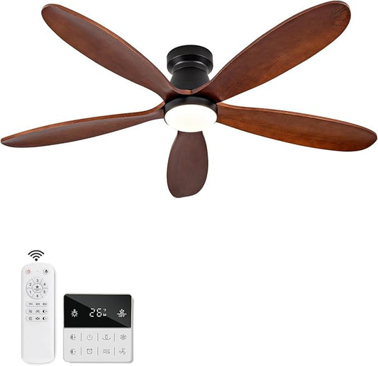 48 Inch Ceiling Fans with Lights and Remote, Low Profile Flush Mount Modern Wood Ceiling Fan with Light, 5 Blades, Dimmable, Wall Switch, 6 Speed DC Motor, Indoor Outdoor Ceiling Fan