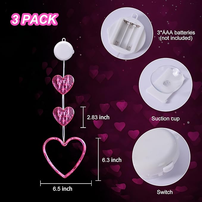 3 Pack Valentines Day Window Lights Decorations with Timer, Battery Powered Hanging Pink Lighted Heart Shaped Silhouette Sucker LED Lamp for Fireplace Indoor Home Decor