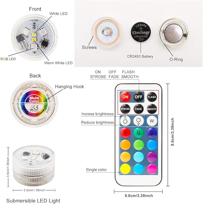 Mini Submersible LED Lights with Remote Control, Waterproof Small Tea Lights Candles, 1.5" Multicolor Submersible Lights for Vases Fish Tanks Hot Tubs, Pond Pool, Parties Wedding Halloween