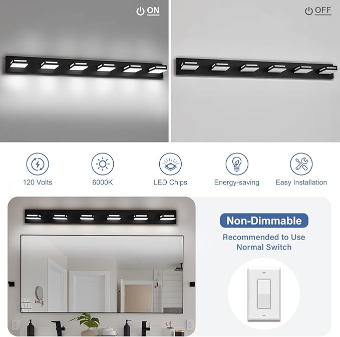 48-Inch 6-Light LED Modern Black Bathroom Vanity Light Fixtures Over Mirror, Bathroom Lighting Fixtures with Cool White 6000K, Vanity Wall Lights for Bath Restroom Powder Room