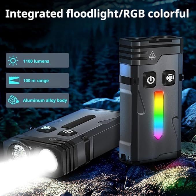 ED-C Strong Light Keychain Flashlight– Aluminum Alloy Flashlight,1100 Lumens,RGB Light-ing with Spot and Flood,IP66 Waterproof & Magnetic Clip for Outdoors,Emergency (EV10 Side Light RGB)