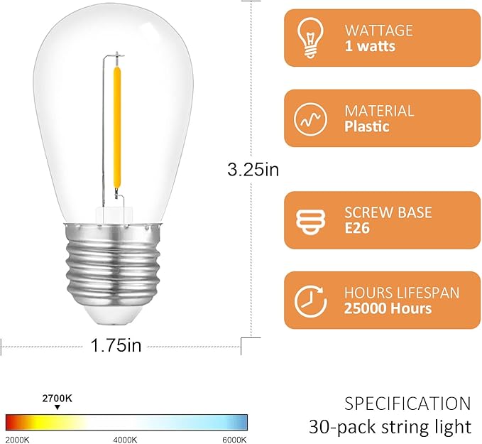 30-Pack LED Outdoor String Light Bulbs, Waterproof S14 Replacement Bulb, E26 Base, 1W 120V, 2700K Warm White