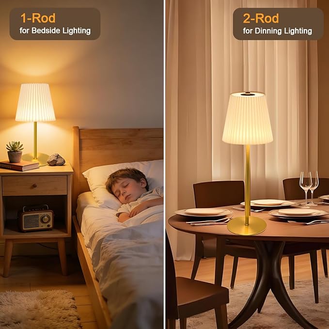 1 Pack Cordless Table Lamps Rechargeable, 2 Adjustable Height Flaxen Fabric Pleated Lamp, 5200mAh Battery Operated, 3 Colors Smooth Dimming, Portable LED Table Lamp for Dining, Bedroom, Outdoor