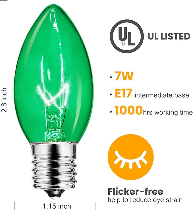 25 Pack C9 Incandescent Bulb Green, C9 Christmas Replacement Light Bulb for Christmas String Light, E17 Intermediate Base, 7 Watt, Green