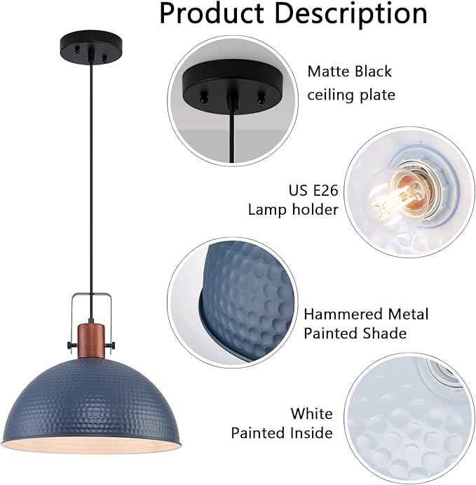 16 Inch Blue Pendant Lights Hammered Matte Pendant Lights for Kitchen Island Industrial Farmhouse Adjustable Height Dome Hanging Light Fixtures for Barn, Dining Room 1 Pack