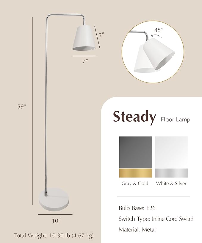 HarvestLand Steady Brushed Nickel Floor Reading lamp – Adjustable Standing Lamp with Solid Base, Stand up Lamps for Living Room, White Reading Light Standing lamp for Over Chair Use