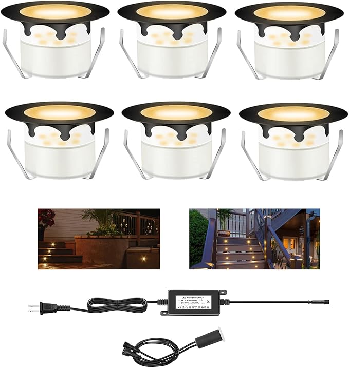 Recessed LED Deck Lights Kits,6Pack Φ1.78 Step Lights Kits In Ground Outdoor LED Landscape Lighting IP67 Waterproof, 12V Low Voltage for Garden,Yard Steps,Stair,Patio,Floor,Deck Railings