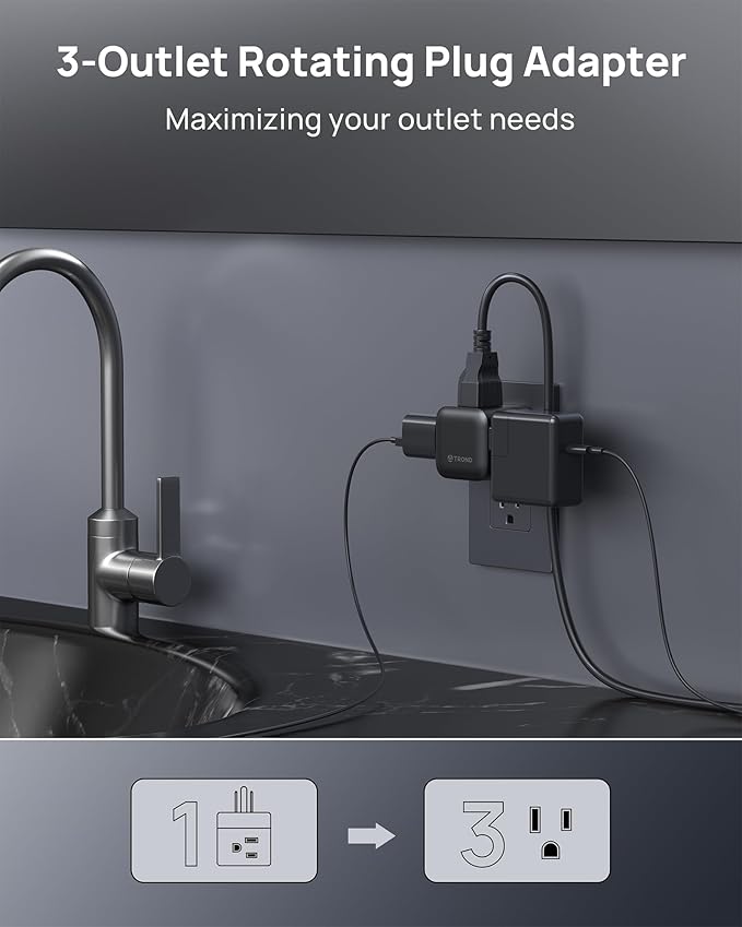 TROND Sideways Outlet Adapter, Multi Plug Wall Outlet with 360 Rotating Plug & 3 Electrical Sockets, A Small Black Charging Station Turn One into Multiple Sideways Extender for Dark Wall Decor