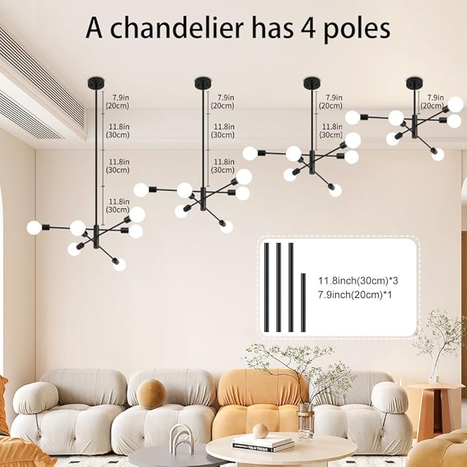 Sputnik Chandelier, Black Modern Industrial Chandeliers 6-Light, Mid Century Ceiling Lighting Fixture for Living Room, Kitchen, Bedroom, Dining Room, Farmhouse