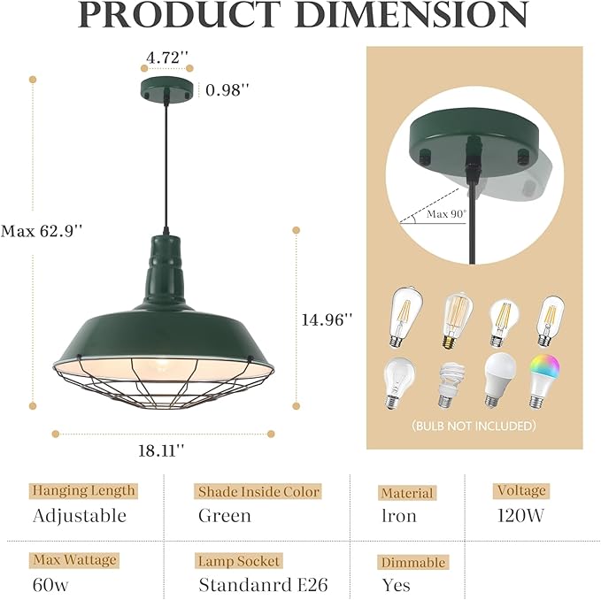 Green Farmhouse Pendant Lights Kitchen Island 1 Pack, 18.1 Inch Large Barn Pendant Light, Oversized Industrial Pendant Light with Wire Cage, Island Pendant Lights for Kitchen Barn Warehouse