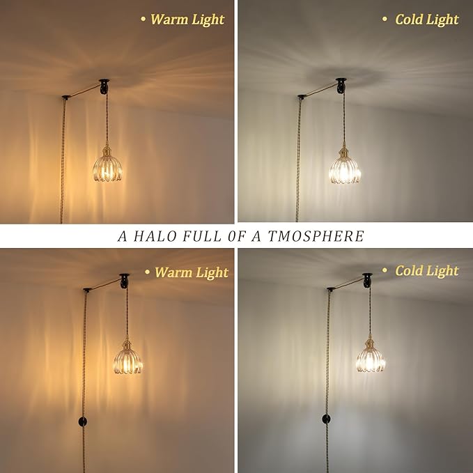 Mini Plug in Pendant Light Hanging Light Fixture Corded On/Off Switch Brass Pendant Light with Amber Tulip Glass Lampshade for Bedroom Living Room Kitchen Island
