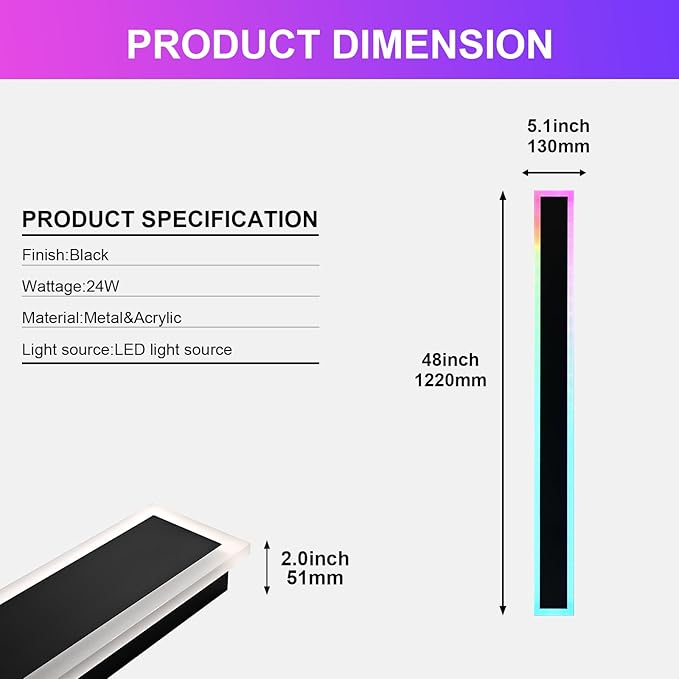 Outdoor Modern Wall Lights for Porch,2 Pack RGB Long Outdoor LED Wall Lights,48 inch Long Linear Outside Light Fixture,Dimmable Long Outside Wall Light for House,Enterway,Garage with Control Remote