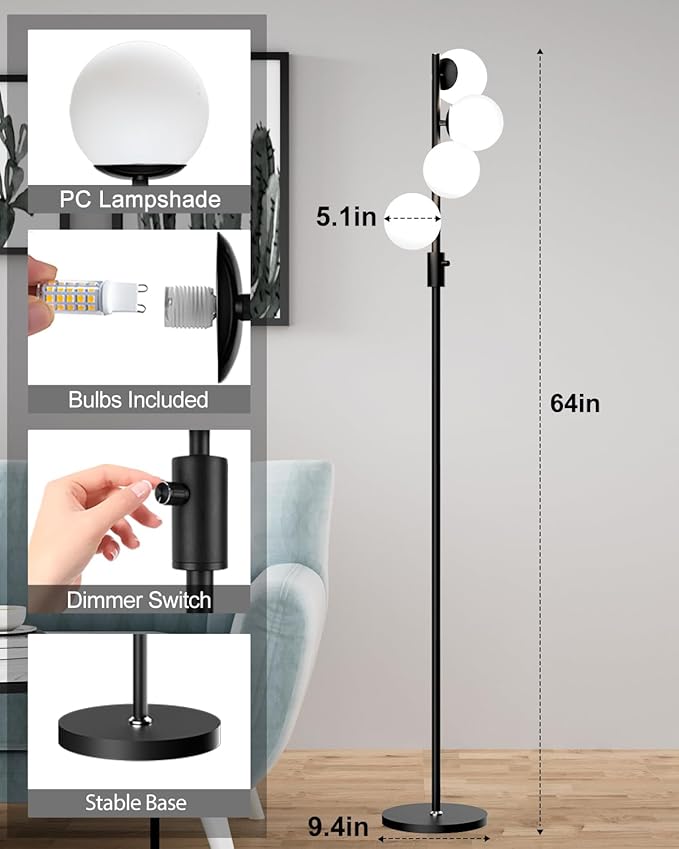 Lightdot Dimmable Globe Floor Lamp, Black Retro Standing Lamps with 3000K G9 Bulbs Included Soft Warm White Eye Care, Mid Century Modern Floor Lamp for Living Room/Sofa Beside/Corner Decor