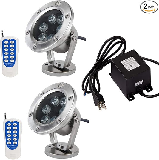 JSN&PC LED Pond Light 2 Pack 18W RGB Color Changing with 60W AC 12V Transformer,with Remote Controller & IP68 Waterproof Joint for Party Swimming Pool Fountain Water Rockery Grass Land