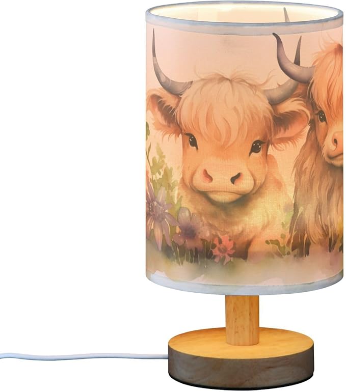 Bedside Table Lamp Cute Highland Cows Flower Nightstand Lamp with Wood Desk Lamps for Bedroom Living Room Nursery Office Home Decor