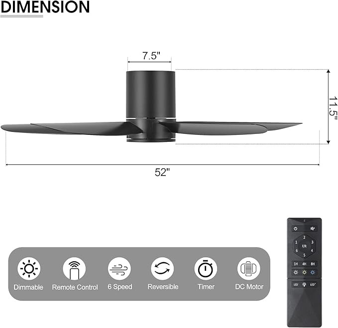 52" Outdoor Ceiling Fan with Light and Remote, ABS Blades, Low Profile Flush Mount Ceiling Fan, Dimmable LED light, Noiseless Reversible DC Motor Black