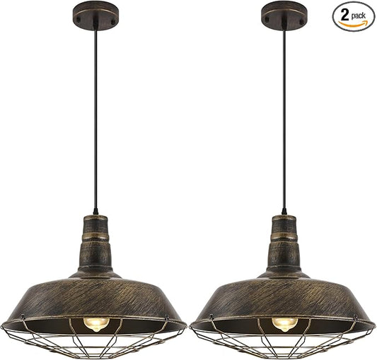 Brass Industrial Pendant Lights 2 Packs, 18.1 Inch Oversized Farmhouse Vintage Pendant Light, Black and Brass Barn Pendant Light with Wire Cage, Island Pendant Lights for Kitchen Warehouse