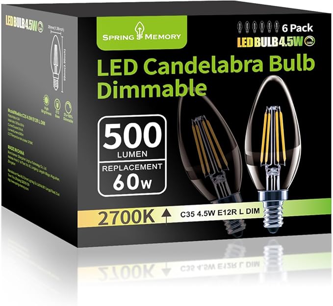 E12 Dimmable 60W Equivalent LED Chandelier Light Bulbs, 4.5W Clear 5000K Daylight White 500LM B11 Vintage Filament Candle Light, 6 Pack
