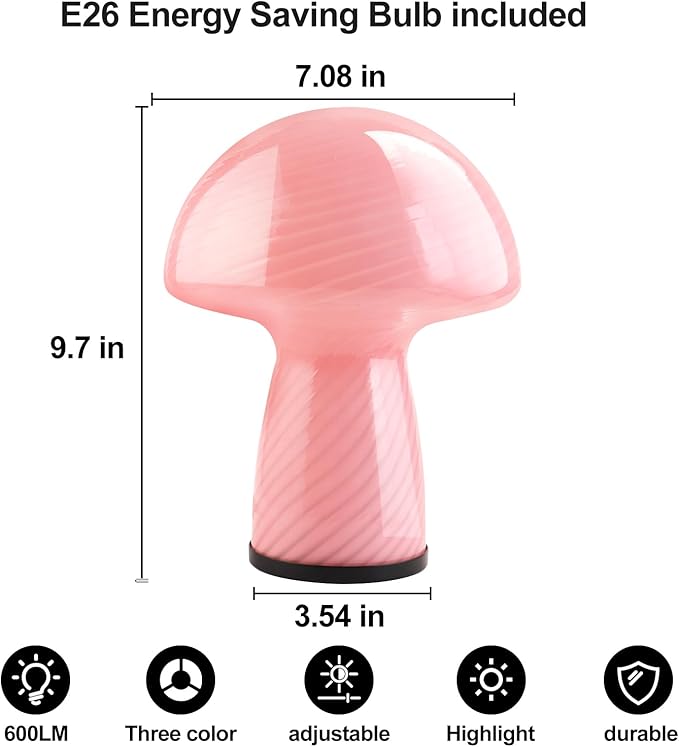 Mushroom lamp,Dimmable Glass Table Lamp,Vintage Style Table Lamp,Stripe Pink Bedside Desk lamp,Cute Table Lamps.（LED Bulbs Included）