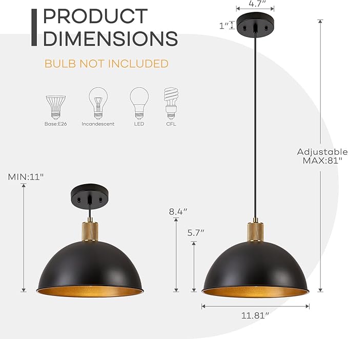 12 Inch Black Dome Pendant Lights 2 Pack for Kitchen Island, Height Adjustable Farmhouse Industrial Hanging Light Fixtures Over Table for Dining Room, Entryway