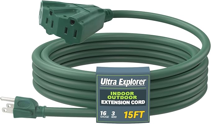 15 Ft Extension Cord Outdoor Indoor with 3 Electrical Power Outlets - 16/3 SJTW Long-Lasting Green Cable with 3 Prong Grounded Plug