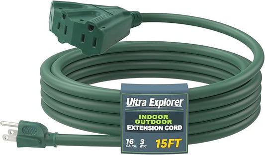 15 Ft Extension Cord Outdoor Indoor with 3 Electrical Power Outlets - 16/3 SJTW Long-Lasting Green Cable with 3 Prong Grounded Plug