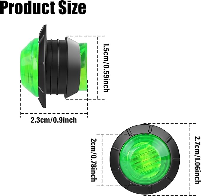 ALFU 10PCS Blue/White/Green/Red 3/4" 12V LED Clearance Marker Lights – Round Bullet Side Indicator Lamps for Truck, Trailer, RV, Van, Boat, Bus, Caravan (Green 10PCS)