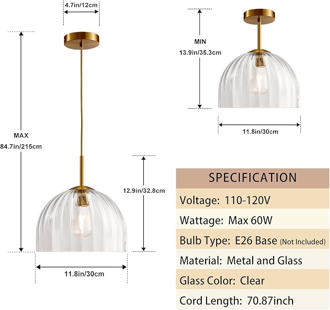 Modern Pendant Lights Kitchen Island, 11.8 Inch Dome Lampshade Large Chandelier, Rustic Farmhouse Industrial Ceiling Hanging LED Lighting Fixture with Clear Glass Bell Shade