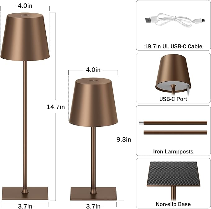 Brown Cordless Rechargeable Table Lamp, 2 Pack Portable Desk Lamp with 5000mAh Battery, Touch Control Stepless Dimming, Wireless Night Light for Dining, Outdoor Camping, Coffee Shop, Waterproof Design