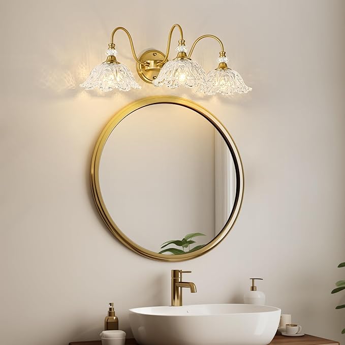Gold Bathroom Vanity Light, 3-Light Brushed Gold Finish Vanity Light with Floral Clear Glass Shades, Retro Wall Mount Lighting for Bathroom, Dressing Table