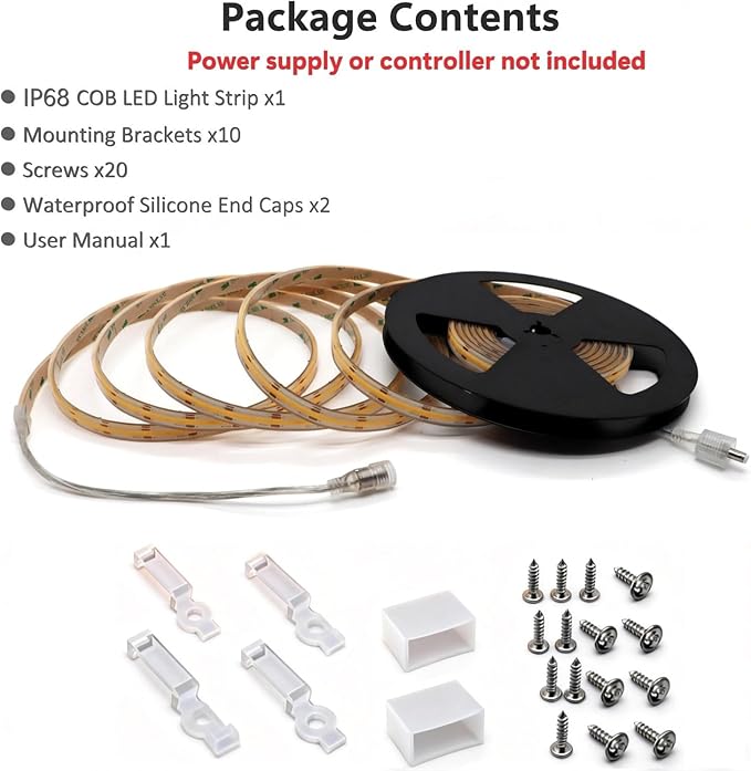 COB LED Strip Light IP68 Waterproof, 16.4FT 12V High Density 480 LEDs/m CRI>90 6000K Cool White Solid Silicone Sealed Dotless LED Tape Light for Outdoor, Pool, Bathroom, Landscape (No Power Supply)