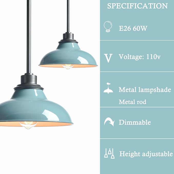 Modern Blue Pendant Light Fixture Kitchen Pendant Lights for Breadfast Nook Bar Dinning Room Coffee Shop Sea Green Nordic Style (Metal Rod)