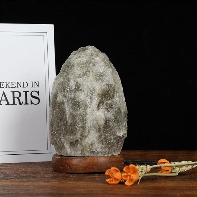 Himalayan Salt Lamp with USB Power, Natural Shape, Color-Changing LED and Warm White Light, Wooden Base Night Light (Gray, Natural, Monochrome)