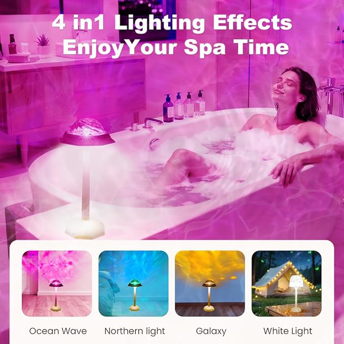Rechargeable Shower Lamp No Wiring 16 Color Ocean Wave Projector Light, Dimmable Waterproof Shower Light with Remote for Shower, Bathroom, Bedroom Decor (Rechargeable Ocean Lamp)