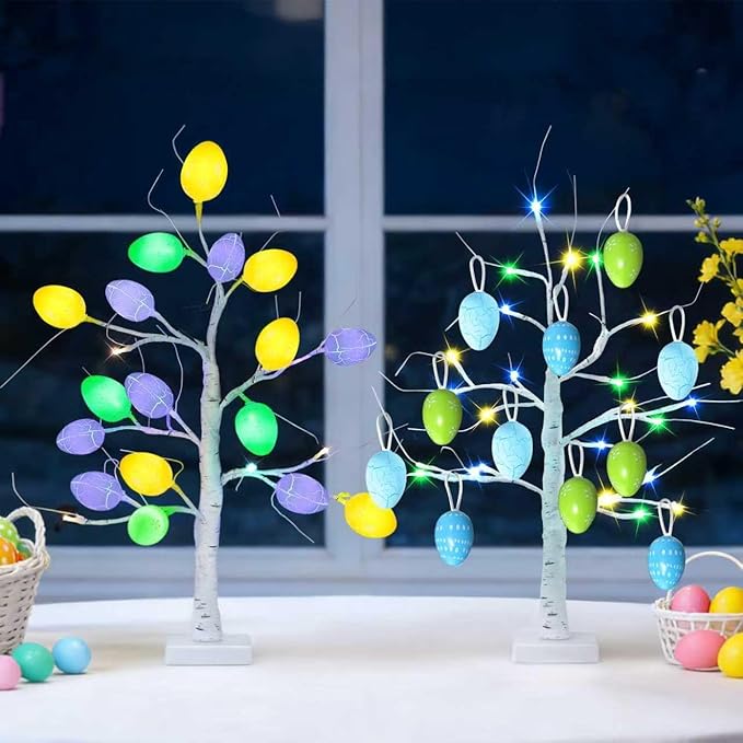 Easter Decorations Set of 2 Lighted 24 Inch Artificial Tree with 24pcs Easter Eggs, Colorful Easter Decor LED Lights, Light Up Tabletop Bonsai Tree for Table Home Holiday Spring Decors
