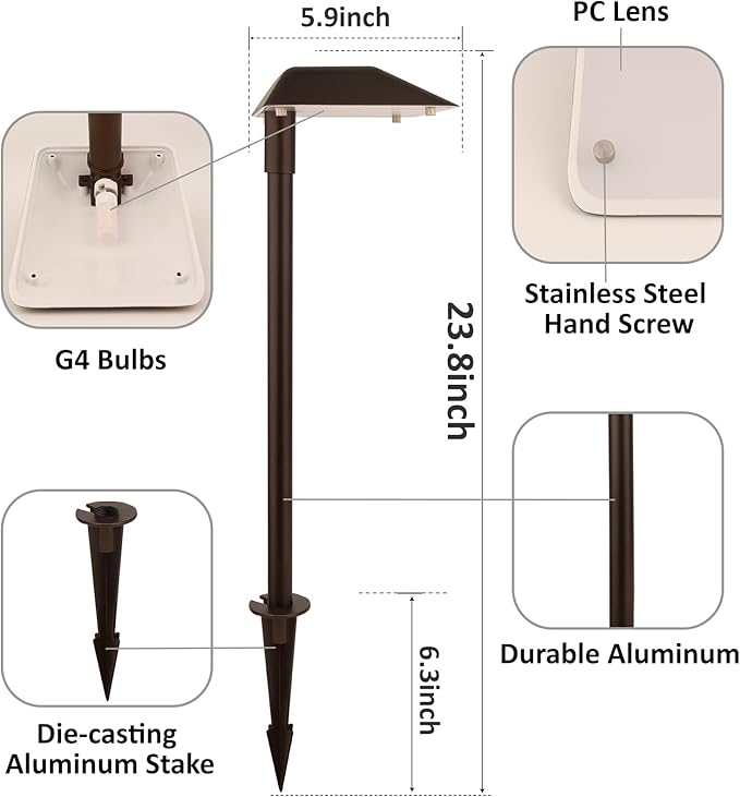 Landscape Path Lights Low Voltage, 12V Wired Outdoor Landscape Pathway Lighting for Outside Yard Walkway Driveway with Replaceable 5W 3000K Warm White LED G4 Bulb, Aluminum, Bronze, 2PK