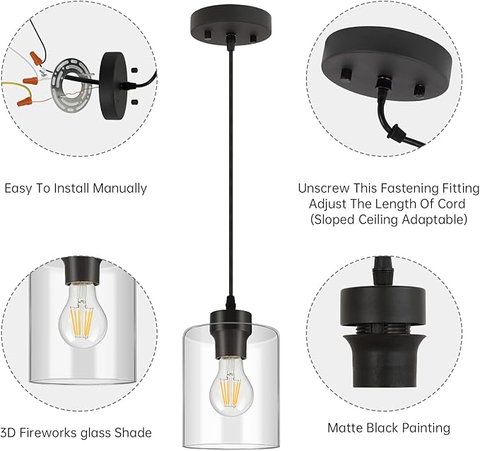 BoostArea Modern Pendant Light Fixtures, Industrial Hanging Ceiling Lamp with Clear Glass Shade, Farmhouse Black Pendant Lighting for Kitchen Island Decor Living Room Hallway Bedroom Dining（2 Pack）
