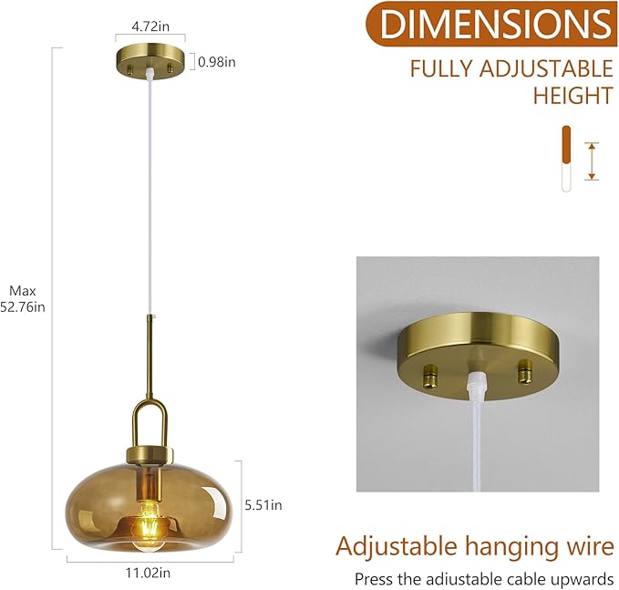 Brown Glass Pendant Lights Kitchen Island Gold Pendant Light Fixtures Adjustable Height Modern Pendant Lighting for Bedroom Dining Room (1-Pack)