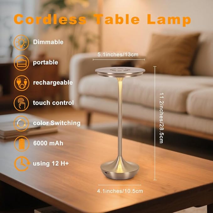 LED Cordless Table Lamp Rechargeable,Portable 6000mAh Battery Outdoor Bedside Table Lamps,3 Color Stepless Dimming Touch Battery Powered Lamp, Table Light for Restaurant/Patio/Camping/Bedroom(Silver)