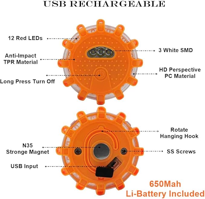 USB Rechargeable LED Road Flares Emergency Lights-Roadside Warning Car Safety Beacon Flashing Disc Flare Kit with Magnetic Base for Vehicles & Boat | 12 Beacon Disc Pack