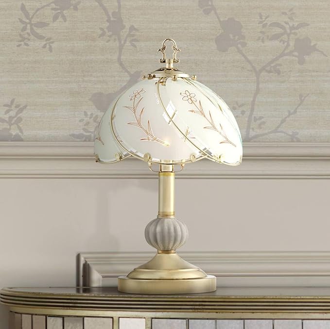 Regency Hill Traditional Accent Table Lamp 15" High Polished Brass Gold Floral Etched Art Glass Shade Touch On Off Cottage Core Decor for Bedroom House Bedside Nightstand Home Office