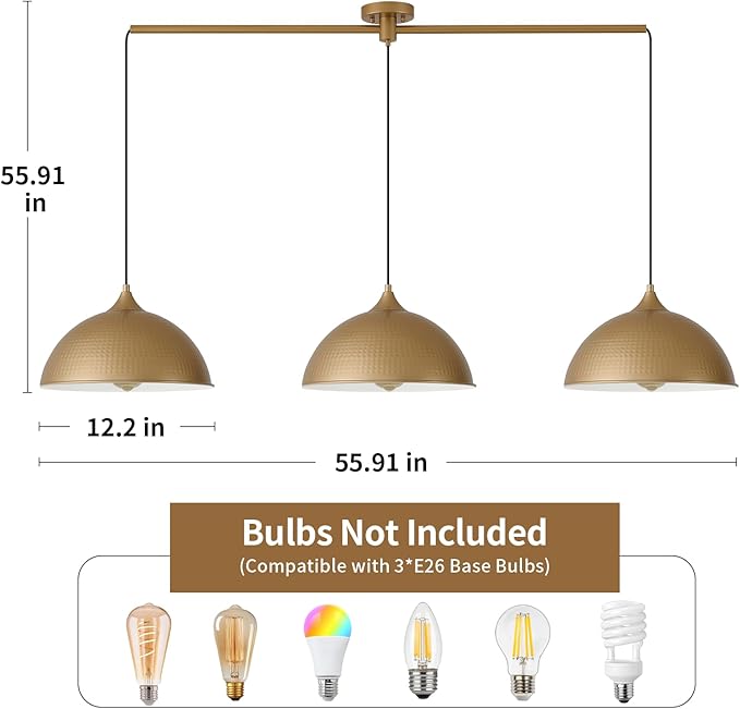 Pendant Lights Kitchen Island, 3-Pack Dome Pendant Light Fixtures with Gold and White Finish Farmhouse Hanging Pendant Light for Dining Room Restaurant Cafe Entryway