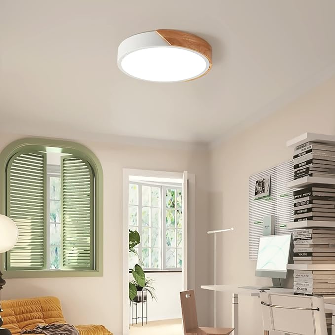 Vikaey Modern LED Ceiling Light, Minimalist Wood Style Flush Mount Ceiling Light Fixture, Circle Lighting Lamp with Acrylic Lampshade for Bedroom Living Room Dining Room Laundry (White, 11.8'')