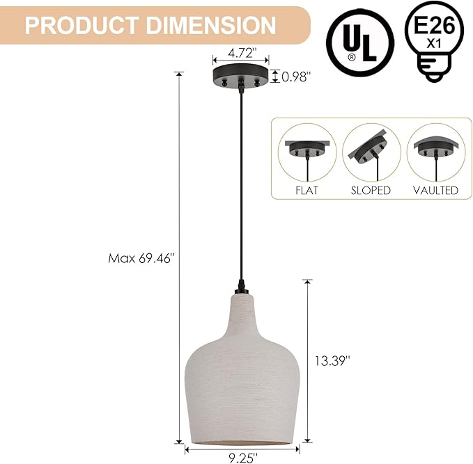 Large Hammered Glass Rattan Pendant Light Boho 1 Light Single Dome Pendant Lighting Fixtures for Kitchen Island Dining Room Hallway, Dia 9 Inch, UL Listed