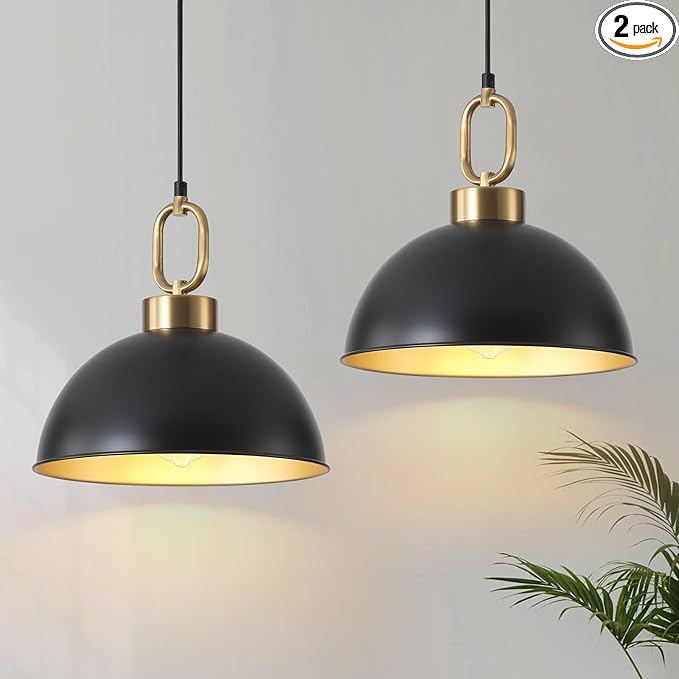 12.2 Inch Matte Black Pendant Lights Kitchen Island, Farmhose Kitchen Island Lighting, Adjustable Height Modern Dome Pendant Light Fixture for Dining Living Room Bar 2 Pack